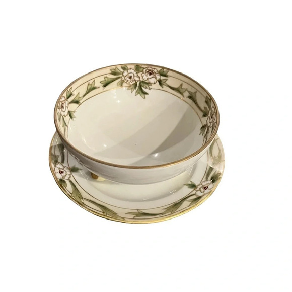Nippon Hand Painted Floral Footed Bowl With Under Plate Vintage Gold Detail - Picture 1 of 9